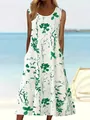 Robe longue blanche sans manches avec imprimé floral vert et poches pour vacances à la mer - S / Robes / Vert