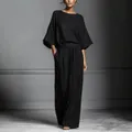 Elegant black linen two-piece set with bell sleeves and wide-leg trousers for summer - S / Top And Bottom / Black