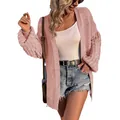 Chunky pink knit cardigan with stylish lantern sleeves and textured cable pattern - S / Tops / Pink