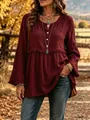 Elegant boho burgundy long sleeve blouse featuring fringe trim and V-neck for women - Burgundy