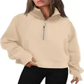 Close-up view of women's khaki half-zip cropped fleece sweatshirt with thumbhole cuffs - S / Tops / Apricot