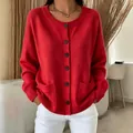Elegant vibrant red round neck knitted cardigan with pockets for autumn and winter wear - Red