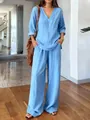 Stylish light blue washed cotton V-neck long sleeve top and wide-leg pants two-piece set. - S / Top And Bottom / Blue