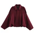 Giacca bomber da donna in pelle scamosciata bordeaux con colletto e spalline eleganti - Taglia S / Top / Borgogna