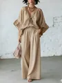 Elegantes beiges Leinen-Zweiteiler-Set mit lockerem V-Ausschnitt-Top und weiter Hose - S / Oberteil Und Unterteil / Khaki