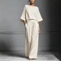 Elegant off-white linen two-piece set with flare sleeves and wide-leg pants for women - S / Top And Bottom / Milky White