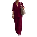 Elegant burgundy two-piece set with lapel shirt and wide-leg trousers for autumn - Burgundy