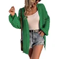 Vibrant green chunky knit cardigan featuring oversized lantern sleeves and an open front. - S / Tops / Verdant