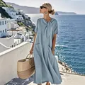 Robe longue bleu clair à manches courtes avec poches et nœud au col élégante - S / Robes / Bleu clair
