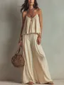 Französisches beiges Zweiteiler-Set mit Camisole-Top und weit geschnittener Hose mit hoher Taille - S / Oberteil Und Unterteil / Khaki
