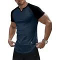 Detailed macro view of men's two-tone ribbed raglan t-shirt with unique v-notch neckline - Navy/Black