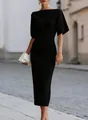 Vestido midi negro elegante y ajustado con cuello barco y mangas cortas para mujer - S / Vestidos / Negro