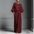 Elegant wine red linen-style two-piece lounge set featuring flowy wide-leg pants. - S / Top And Bottom / Burgundy