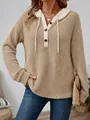 Casual khaki hooded knit sweater with V-neck and button drawstring detail for women. - Khaki