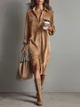 Full-length view of a camel corduroy long-sleeve shirt dress with lapel collar - XS / Dresses / Brown