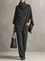 Elegant dark grey knit two-piece set with turtleneck poncho and wide-leg trousers - S / Top And Bottom / Gray