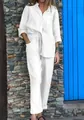 Détail de l'ensemble deux pièces en coton lin blanc avec pantalon ample et chemise - 3XL / Haut Et Bas / Blanc