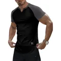 Close-up of men's slim fit raglan t-shirt with ribbed texture and grey sleeves. - Black/Dark Grey