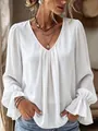 Elegant white V-neck blouse featuring front pleats and stylish ruffled bell sleeve details - S / Tops / White