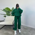 Stylish dark green fleece-lined oversized zip-up sweatshirt and joggers tracksuit set - Green
