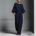 Elegant navy blue linen two-piece set featuring flare sleeves and wide-leg trousers - S / Top And Bottom / Navy Blue