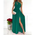 Elegant dark green one-shoulder sleeveless maxi dress with a sexy high side slit - S / Dress (W1167) / Green