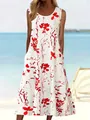 Détail d'une robe de vacances blanche sans manches avec imprimé floral rouge et poches - S / Robes / Rouge