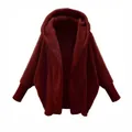 Cozy burgundy oversized plush hooded fleece cardigan jacket for women in solid color - 3XL / Tops / Burgundy