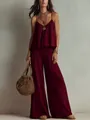 Elegantes weinrotes französisches Set aus Camisole und hoch taillierter weiter Hose. - S / Oberteil Und Unterteil / Burgunderrot