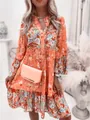 Boho-Minikleid mit Blumenmuster, Stufenrock, langen Ärmeln und elegantem V-Ausschnitt - 3XL / Kleider / Orange