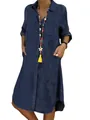 Abito chemisier in denim blu scuro casual da donna con vestibilità ampia e maniche lunghe - Taglia S / Vestiti / Blu Notte