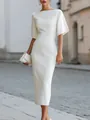 Elegante vestido midi blanco con mangas de mariposa y silueta femenina entallada - S / Vestidos / Blanco