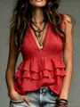 Elegante rote ärmellose V-Ausschnitt-Bluse mit doppellagigen Rüschen und Boho-Details - S / Oberteile / Rot