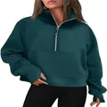 Detail view of women's dark teal half-zip cropped fleece hoodie with stand collar - Dark Green