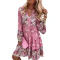 Vestido corto bohemio con estampado floral, escote en V, manga larga y falda de capas - 3XL / Rosa