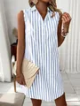 Detail view of a sleeveless blue and white striped shirt dress with V-neck buttons - Light Blue