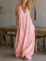 Elegant sleeveless V-neck maxi dress in soft pink featuring pockets and flowy texture. - S / Bottoms / Pink