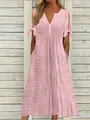 Robe d'été rose élégante avec col en V, broderie anglaise et taille haute pour femmes - S / Robes / Rose