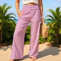 Women's high waist smocked striped trousers with wide leg design for summer beach wear - Red Stripes