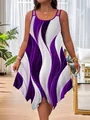 Vestido de verano talla grande con estampado abstracto de ondas lilas y tirantes - S / Púrpura