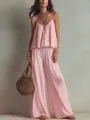 Elegant französisch pinkes Falten-Top und Hose mit weitem Bein im zweiteiligen Set - S / Oberteil Und Unterteil / Rosa