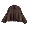 Damen Vintage Bomberjacke aus dunkelbraunem Wildleder mit Revers und Puffsaum - Kaffeebraun