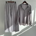 Close-up of the breathable cotton linen fabric texture on this vintage 2-piece set - S / Top And Bottom / Gray