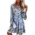 Detalle de un minivestido floral azul bohemio con cuello en V y falda de varios niveles - 3XL / Azul