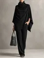 Completo in maglia nera da donna con top a poncho e pantaloni a gamba larga, vista completa. - Taglia S / Top E Pantaloni / Nero
