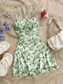 Abito a fiori stile francese con spalline sottili e taglio ad A per le vacanze estive. - Verde
