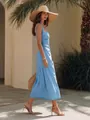 Elegante lichtblauwe midi-jurk met bandjes in Franse resortstijl met geplooide taille - S / Dresses / Hemelsblauw