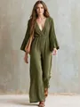 Bohemian olive green long-sleeve V-neck jumpsuit with elastic waist for autumn - Army Green