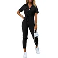 Casual black short-sleeve jumpsuit for women featuring lapel collar and waist belt - S / Set / Black