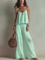 Elegantes Set aus mintgrünem Camisole-Oberteil und weit geschnittener Hose im französischen Stil - Bohnengrün